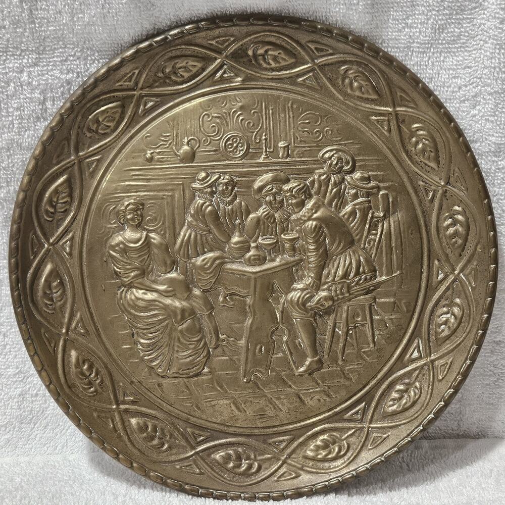 Vintage ELPEC England Brass Wall Plate 9.75” Embossed Tavern Pub Scene